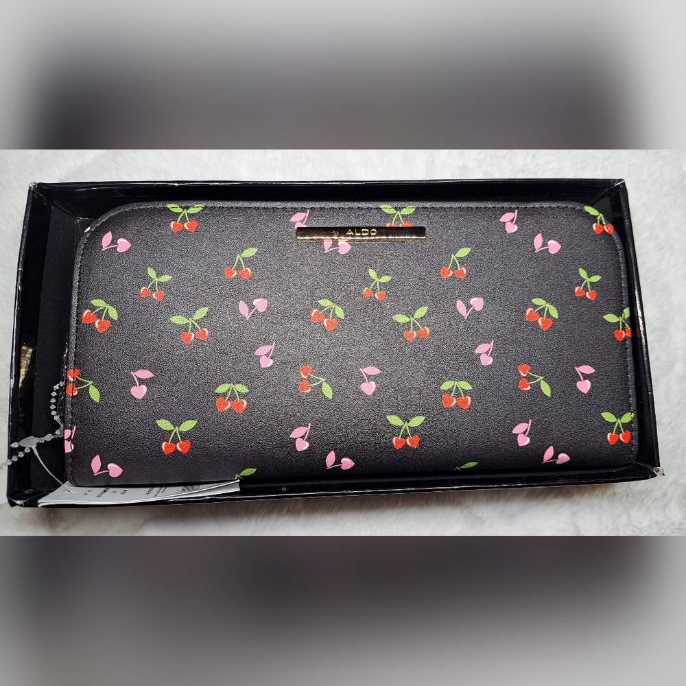 Aldo Black Wallet with Cherry Pattern